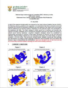 National Agro-meteorological Committee (NAC) Advisory on the 2022 winter season Statement from Climate Change and Disaster Risk Reduction 10 DALRRD 2021 07 July 2022