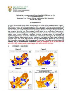 National Agro-meteorological Committee (NAC) Advisory on the 2022/23 summer season Statement from Climate Change and Disaster Risk Reduction 02 DALRRD 2022 02 November 2022