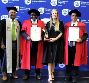 L-R: Deputy Director-General Darryl Jacobs; Head of Department, Dr Mogale Sebopetsa; Cum Laude and Dux student Anja Kotze, with Western Cape Minister of Agriculture, Dr Ivan Meyer.