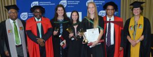 2.L-R: -R: Deputy Director-General Darryl Jacobs; Head of Department, Dr Mogale Sebopetsa; Dux students Andrea Caetano, Miché Maree and Anja Kotze, with Western Cape Minister of Agriculture, Dr Ivan Meyer.