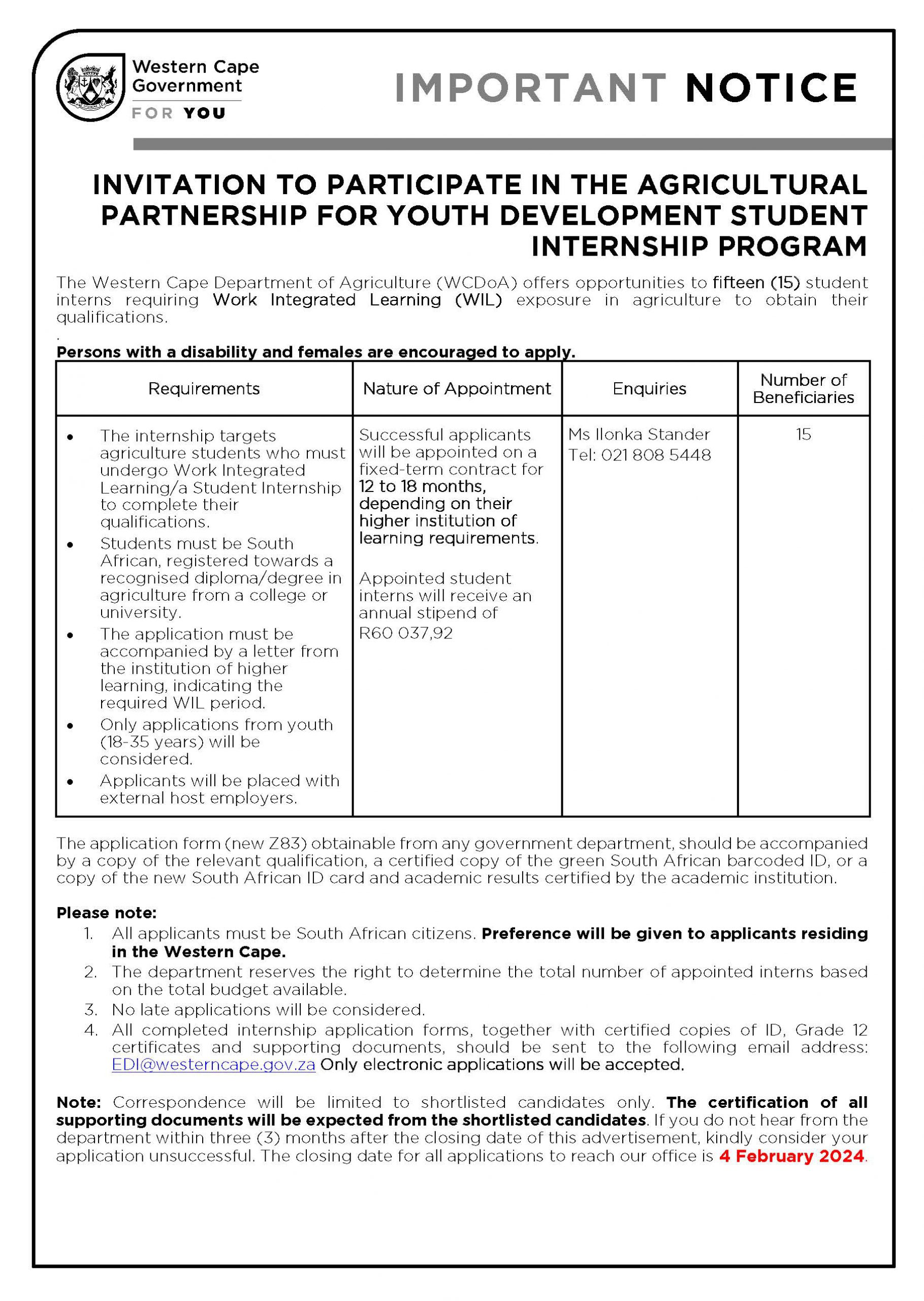 EDI Advert APFYD Student Internship Western Cape Department of