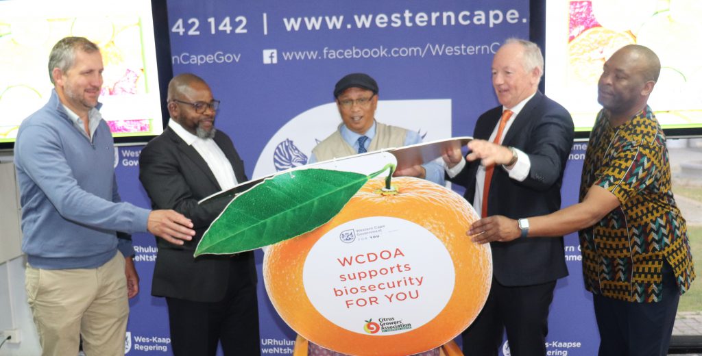 Photo – Left to right. Gerrit van der Merwe: Chairperson of the Citrus Growers Board Dr Mogale Sebopetsa: Head of Department: Western Cape Department of Agriculture Dr Ivan Meyer - Western Cape Provincial Minister of Agriculture, Justin Chadwick: CEO, Citrus Growers Association Lukhanyo Nkombisa: General Manager, CGA Grower Development Company.