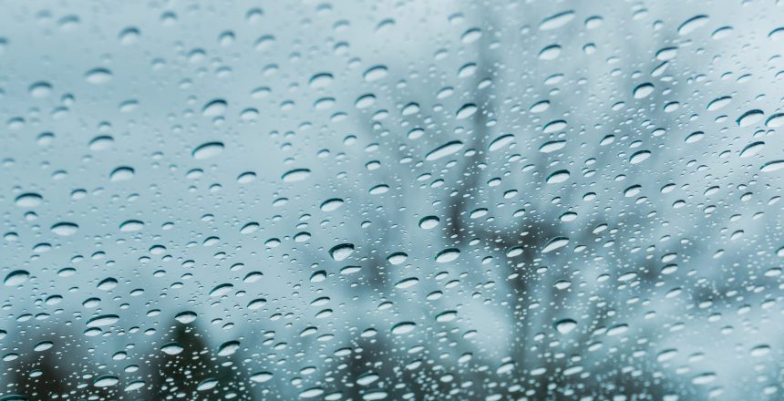 Drops of rain on the window; blurred trees in the background; shallow depth of field